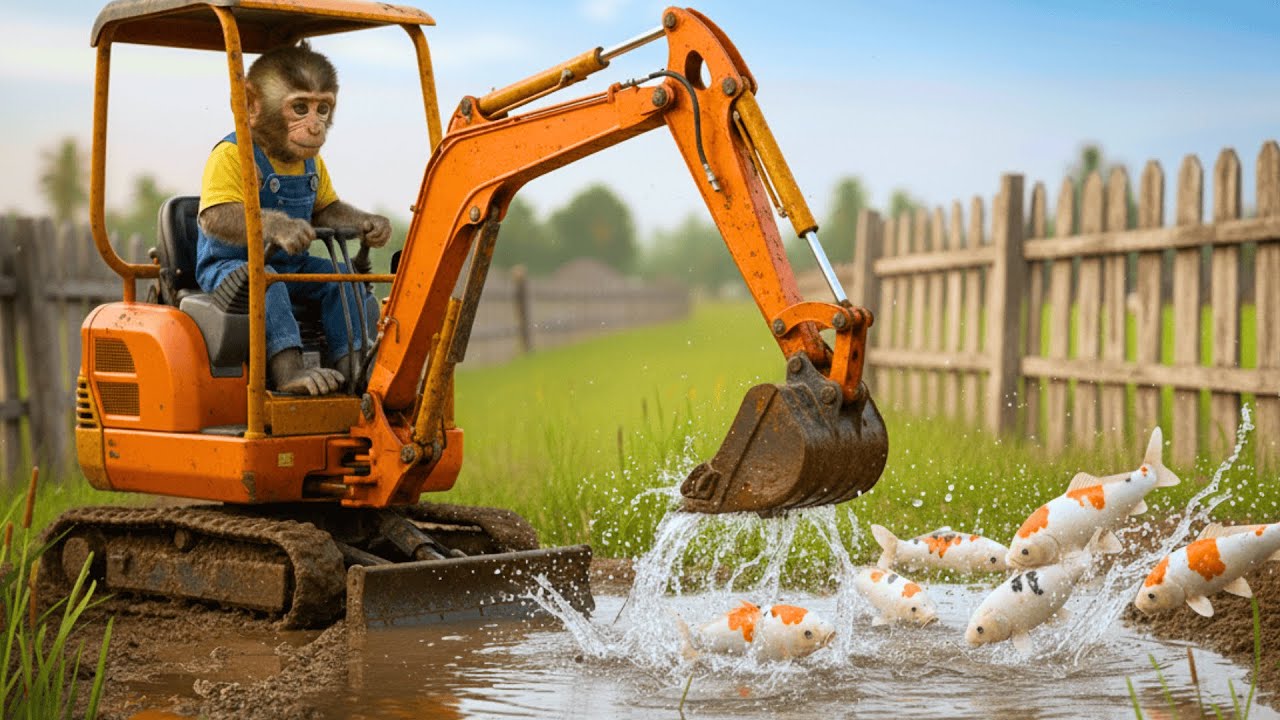Monkey NaNa Drives Excavator, Tractor to Rescue the Fish From Dried Pond – Builds DIY Farm Pond