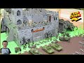  play at home castle defense with green plastic army men vs exosaur gray army and hunters