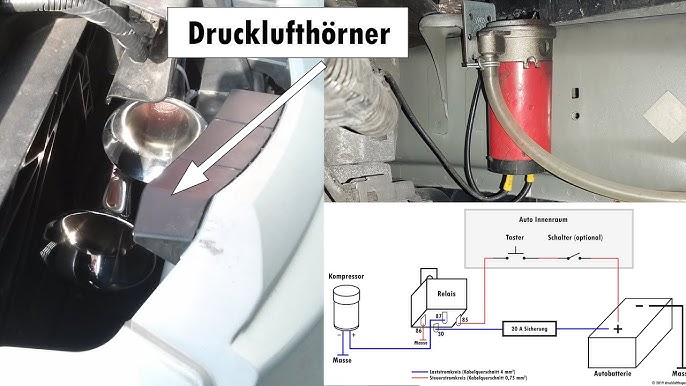 Doppel Druckluft Fanfare Hupe 12 Volt mit 2 Metall Hörnern chrom +  Kompressor