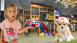 Kids Pretend play at Fun indoor playgroundNev the puppy Doctor saves the daysick puppy firetruck