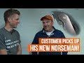 Customer picks up his norseman knife while getting a shop tour!
