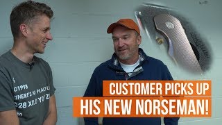 Customer picks up his norseman knife while getting a shop tour!