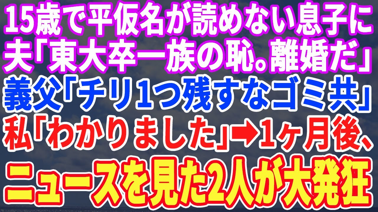 【スカッとする話】15歳で文字が読めない息子に夫「東大一族の恥。離婚だ」義父「チリ一つ残すなよクズ共」1ヶ月後、TVニュースを見た夫と義両親は絶句ｗ