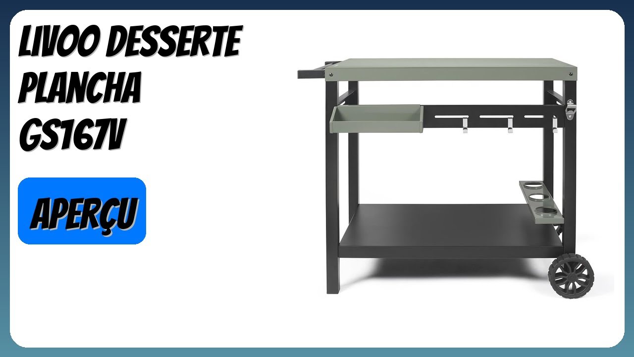 Desserte Roulante Pour Plancha Livoo GS167V - Plateau 85x50 Cm, Rangement Bouteilles, Crochets, Panier Amovible - Compatible 2, 3 Ou 4 Brûleurs - 8