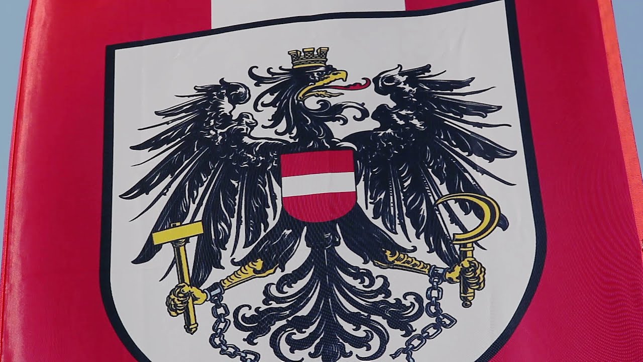 Austrian flag with coat of arms, national emblem waving in wind. Stock Footage
