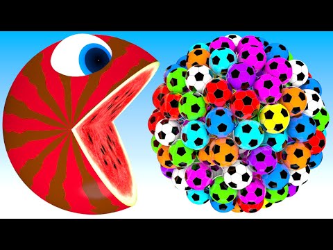 Pacman watermelon meets a giant soccer balls truck friends roll on farm as he find surprise box