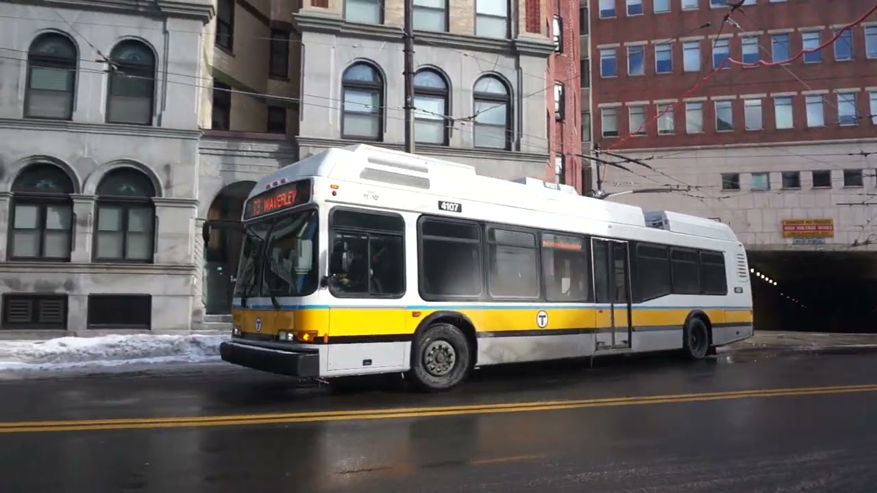 MBTA Bus: Waverley Sq bound AN440LF ETB 4107 Rt.73 leaving Harvard Bus Tunnel