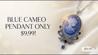 Blue Cameo Crystal Pendant Silvertone Necklace 24 Inches