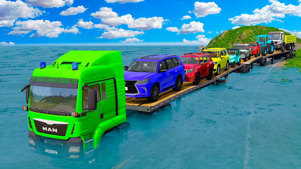 Triple Flatbed Trailer McQueen Transportation with Truck - Speedbumps vs Cars vs Train - BeamNG 