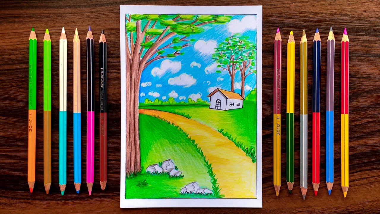 Nature Scenery Drawing with Cheap Colour Pencils for beginners ...