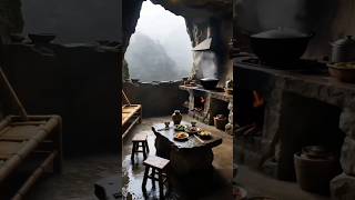 Cave Resort Kitchen, Stone Walls, Firelight, Heavy Rain, Dining, Camping, Vacations / #shortvideo
