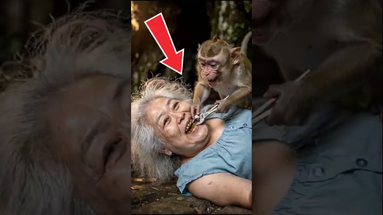 Monkey steals old woman gold teeth but dog and squirrel save them 