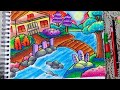Cara Menggambar dan Mewarnai Pemandangan Alam Rumah Sungai Gradasi warna oil pastel