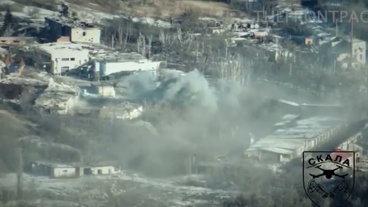 Shelling from Soledar artillery. A drone view of the destroyed buildings of Soledar