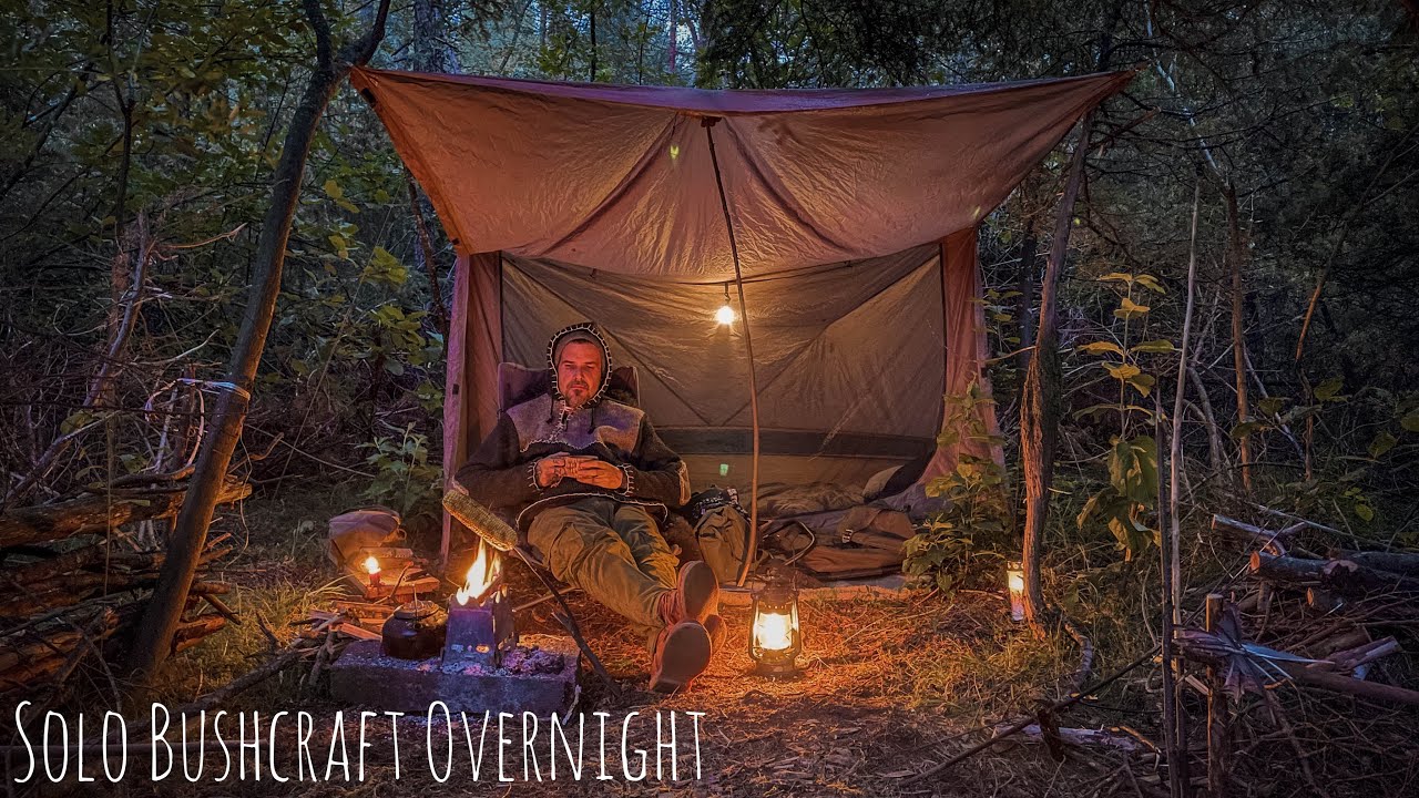 Solo Bushcraft Overnighter at my Basecamp / Baker tent, Cooking, Rain