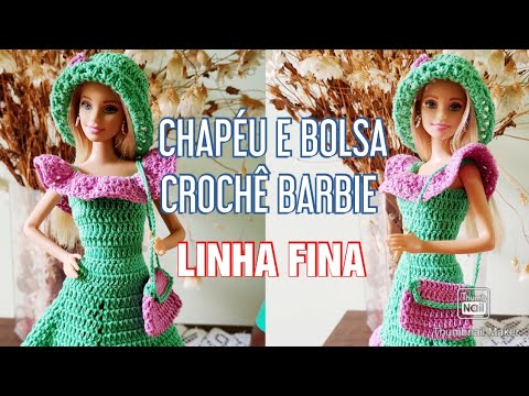 Chapéu e bolsa de crochê para Barbie, Versão linha fina