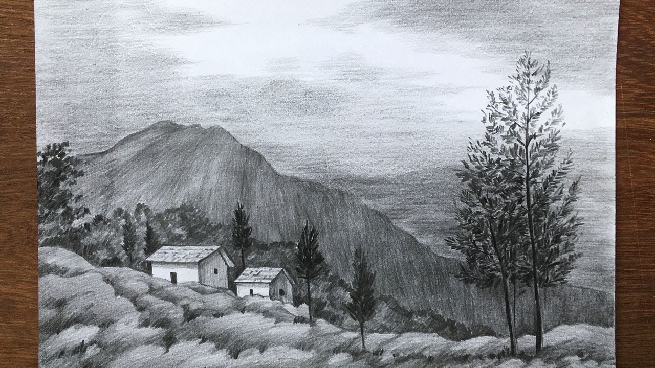 Mountain scenery drawing in pencil easy pencil sketch for beginners