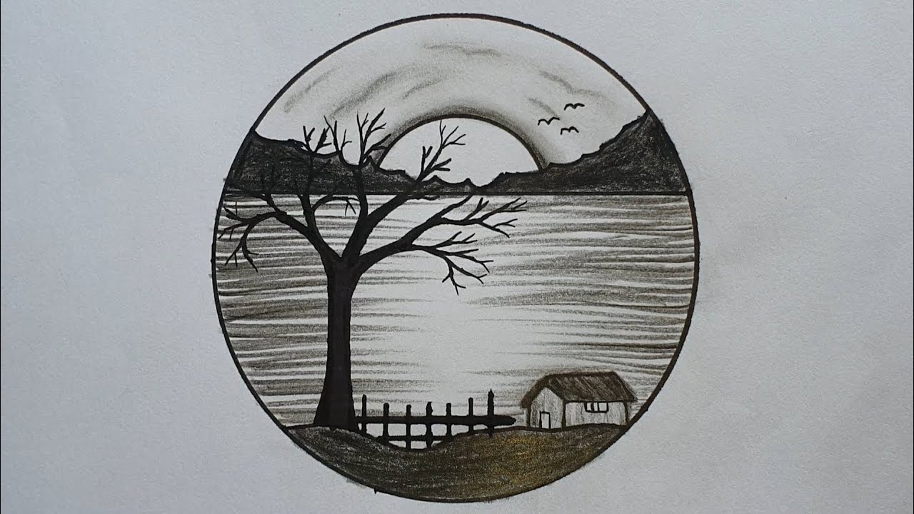 How to draw beautiful village scenery in circle | Landscape scenery ...