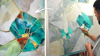 Kintsugi Inspired Abstract Art Painting | Teal and Gold