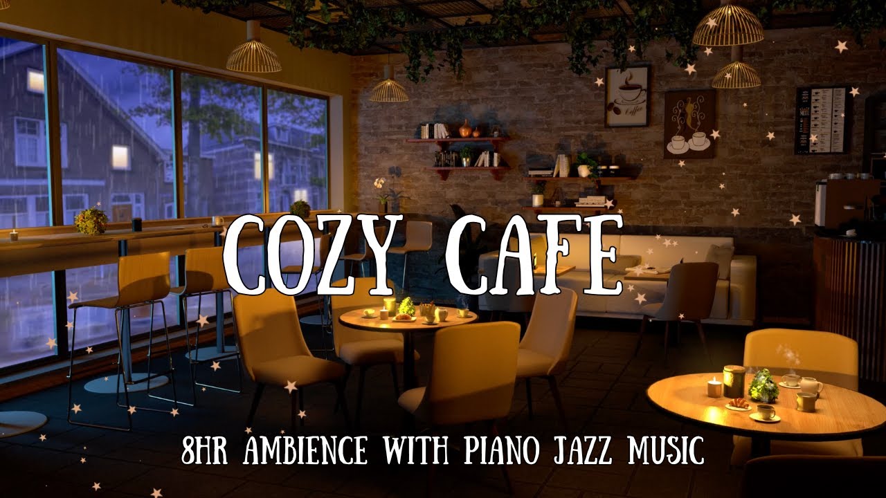 Rainy evening at The Cozy Cafe ♡ Coffee Shop Ambience with Soft Piano ...