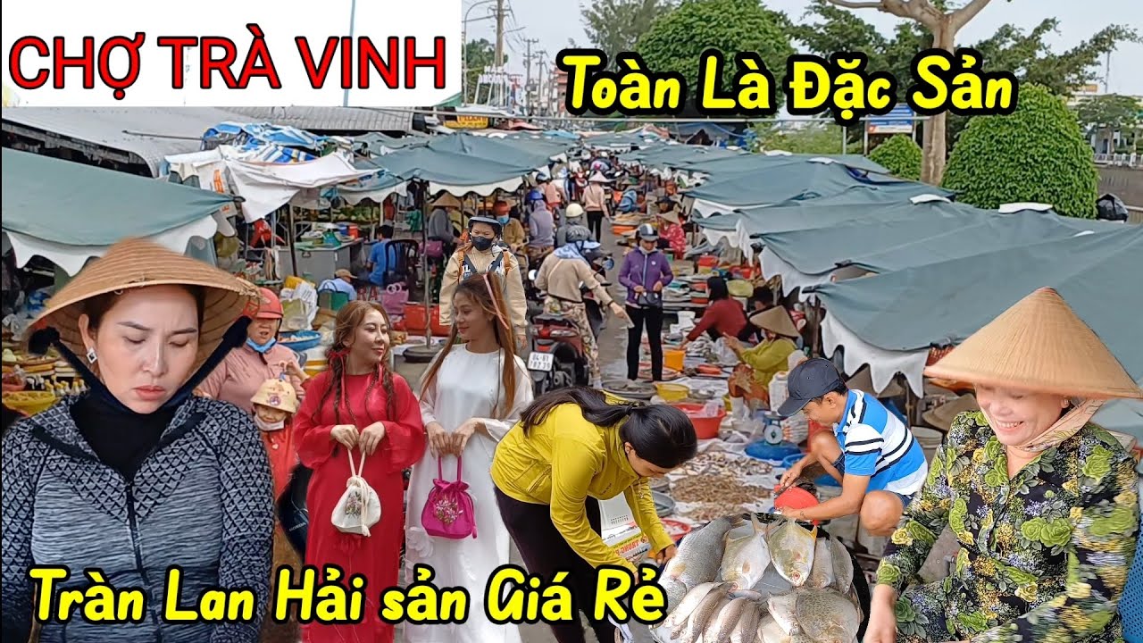 Hải Sãn đổ đống ngoài đường Chợ Trà Vinh ngập tràn rau củ như ngày Tết