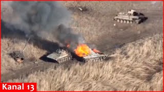 Kamikaze drones destroyed by explosion armored personnel carriers abandoned by Russians