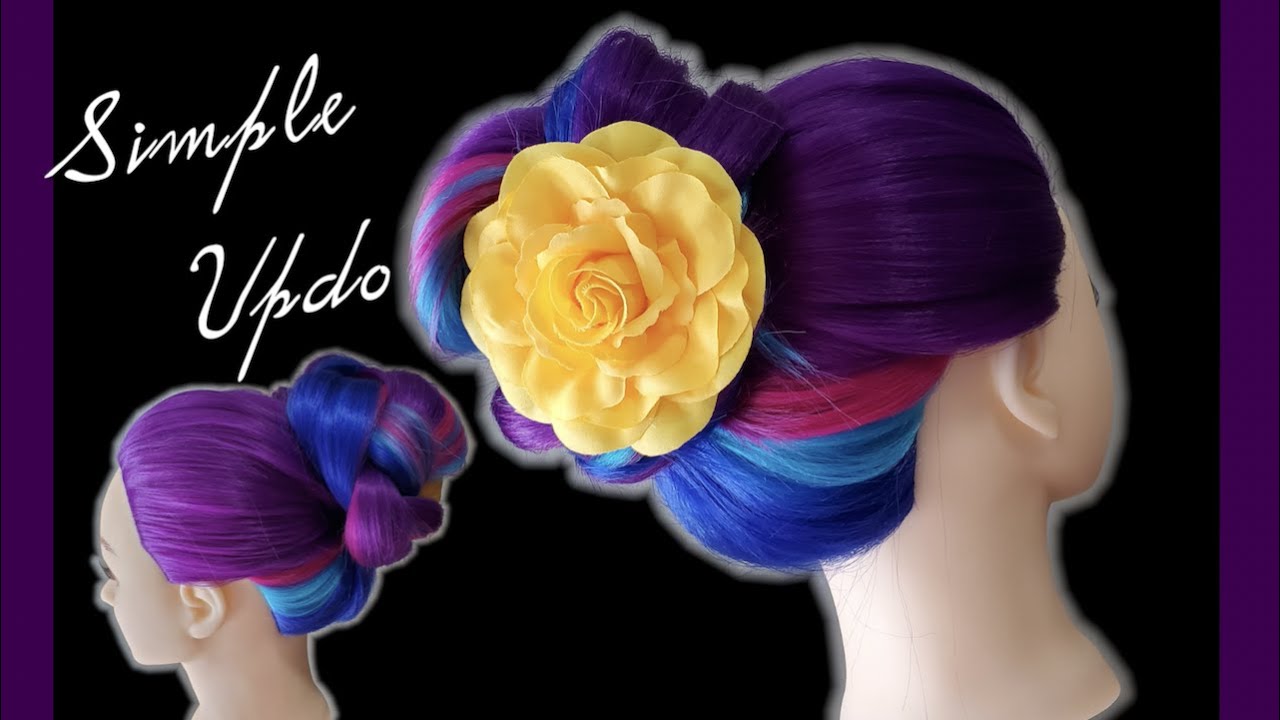 Updo Style Coloured Hair Smooth Large Knot Hairstyle with Yellow Flower ...