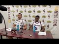 Cowboys guards Leland Walker and Khaden Bennett talk after border war W