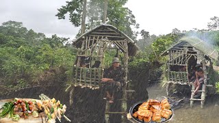 Building Bushcraft Survival Shelter in Forest / Bushcraft Build in Heavy Rain  Cooking Pork Sekwa