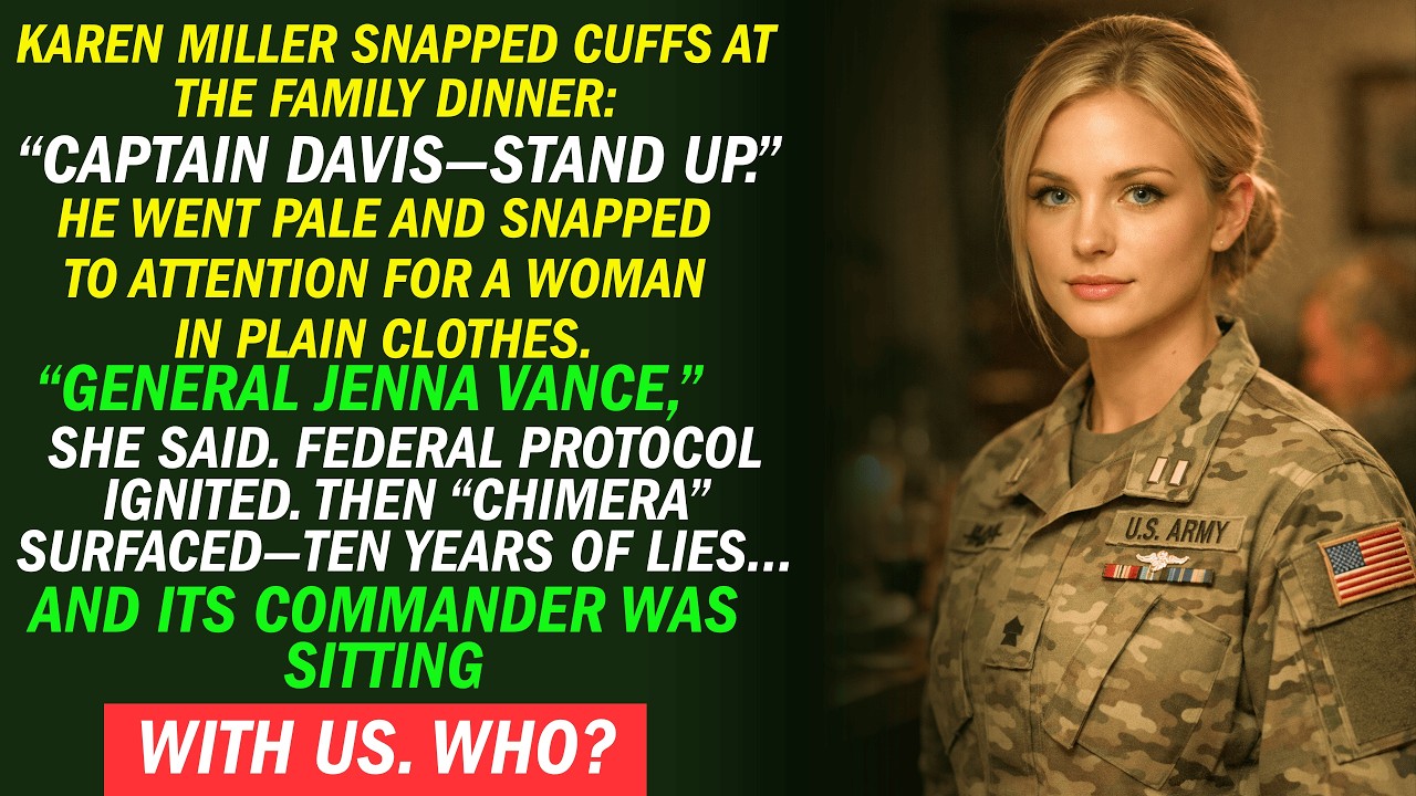 Cuffs at dinner: Captain Davis snapped to attention for “civilian” General Vance—then Chimera surfac
