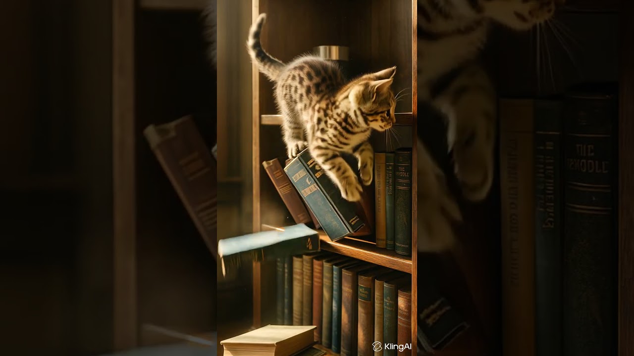 Funny Kitten Climbing Bookshelf – Ultra-Realistic Cinematic Cat Scene 
