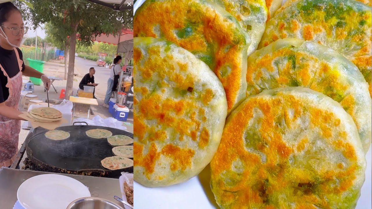 チャイブを詰めた揚げパイを調理します。 #料理 #食べ物 #屋台料理