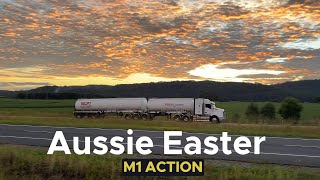 Australian Easter on the busy M1 Motorway with Trucks in action North and Southbound.