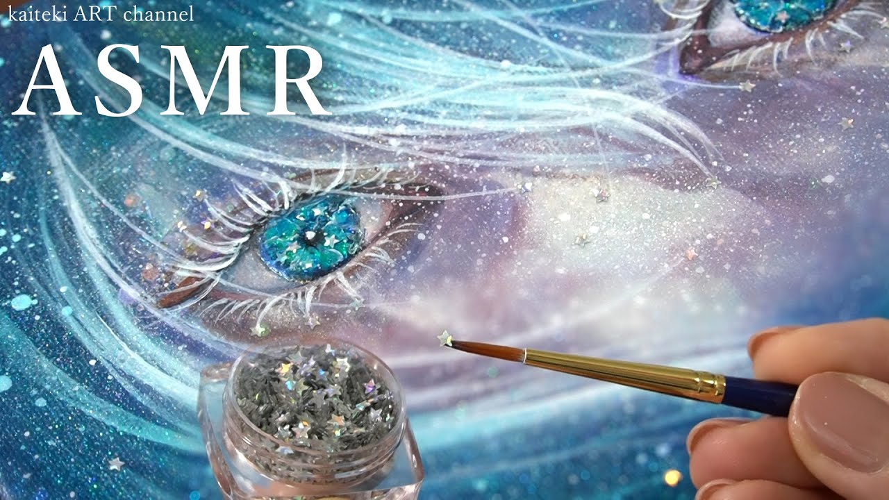 【ASMR】星ネイルパーツで宇宙のような星空と女の子の目を描く✨アクリル画　Acrylic Painting, Starry sky, a girl's eyes