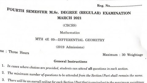 Differential Geometry |Question paper |fourth semester |MSc Mathematics