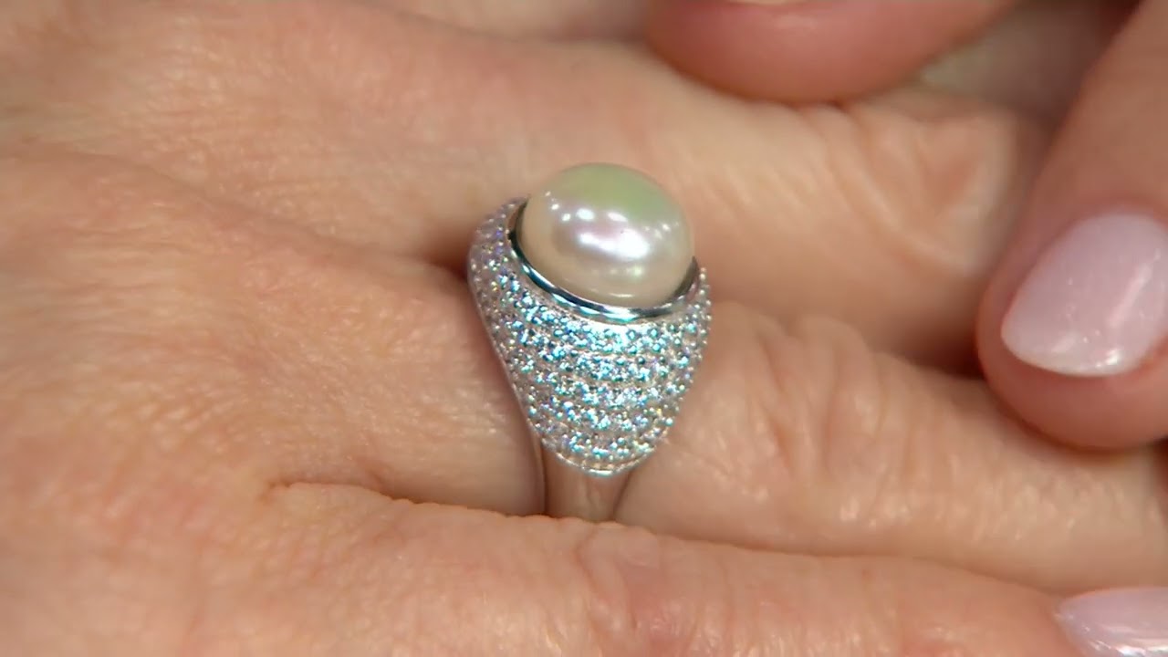 Honora Cultured Pearl Cocktail Ring with Pave Cubic Zirconia, SS on QVC