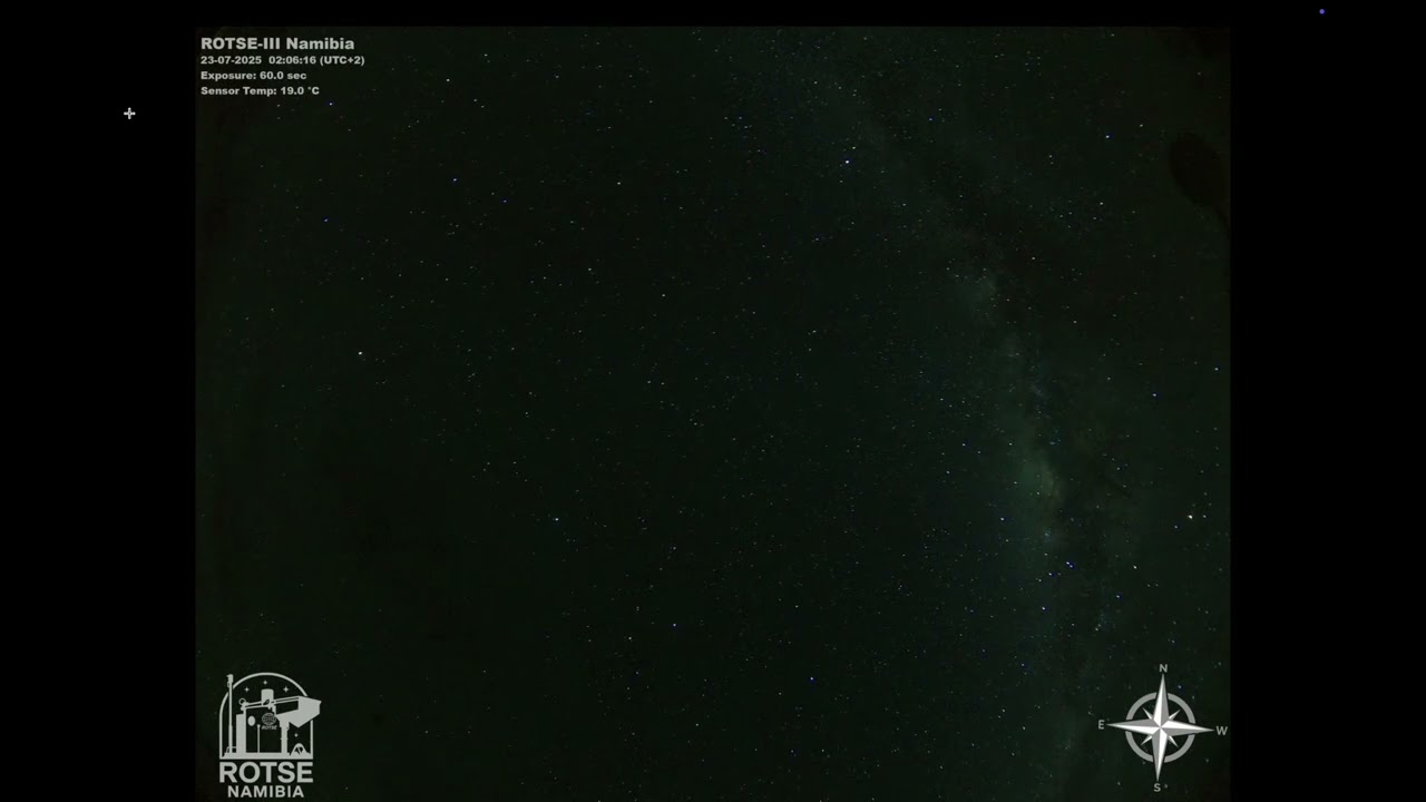 Still from the all-sky camera timelapse: a fisheye view of the night sky over the telescope enclosure
