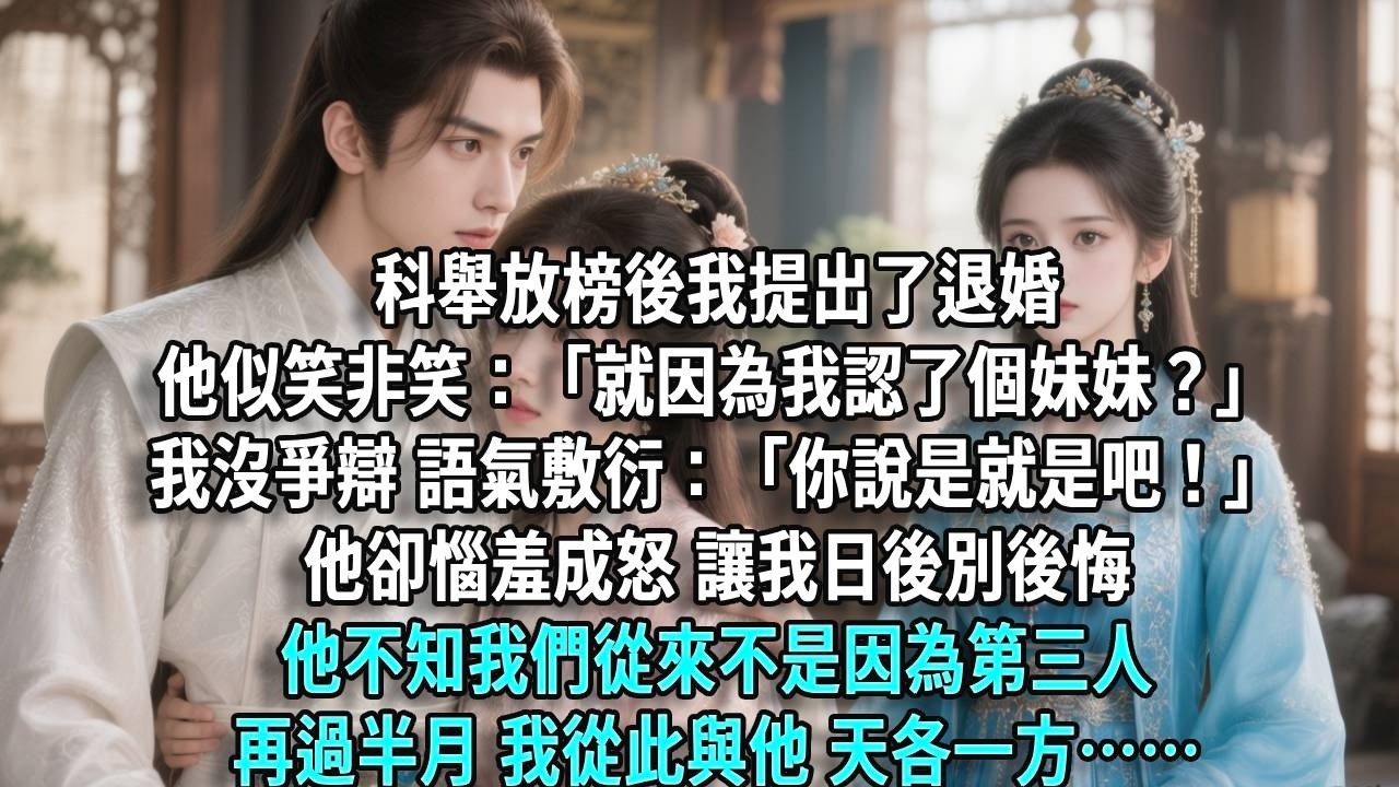 科舉放榜後我提出了退婚，他似笑非笑：「就因為我認了個妹妹？」我沒爭辯，語氣敷衍：「你說是就是吧！」他卻惱羞成怒，讓我日後別後悔。他不知我們從來不是因為第三人，再過半月，從此與他，天各一方……