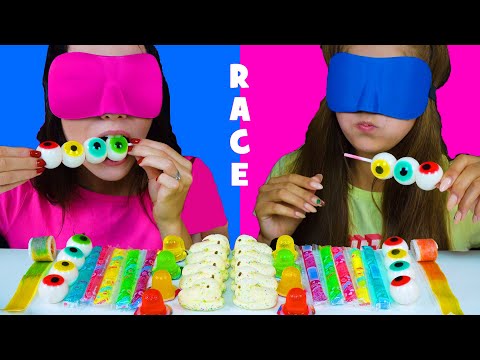 ASMR Candy Race with Closed Eyes (Gummy Eyeballs, Jelly Straws, Peeps Marshmallow)
