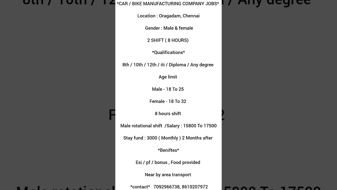 Job Openings in Chennai: Manufacturing Jobs at Car/Bike CompanyUrgent Hiring: Oragadam, Chennai