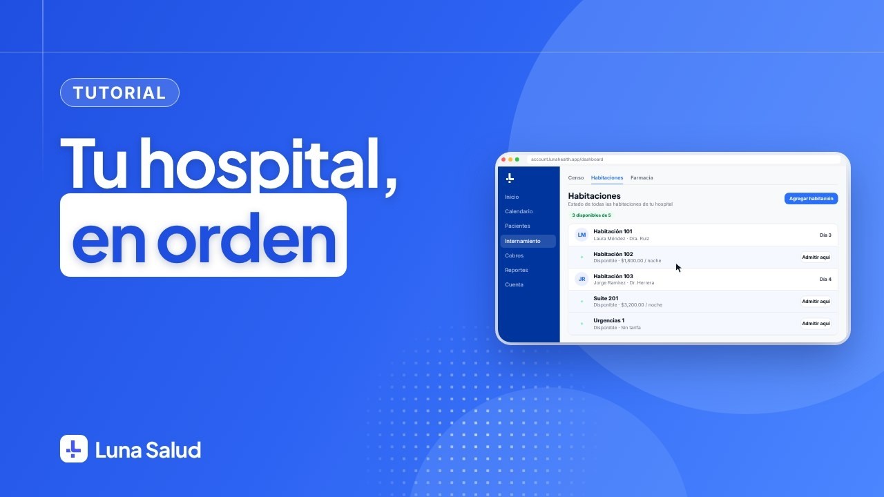 Módulo de Internamiento de Luna Salud: habitaciones, admisión, insumos, cuenta y alta