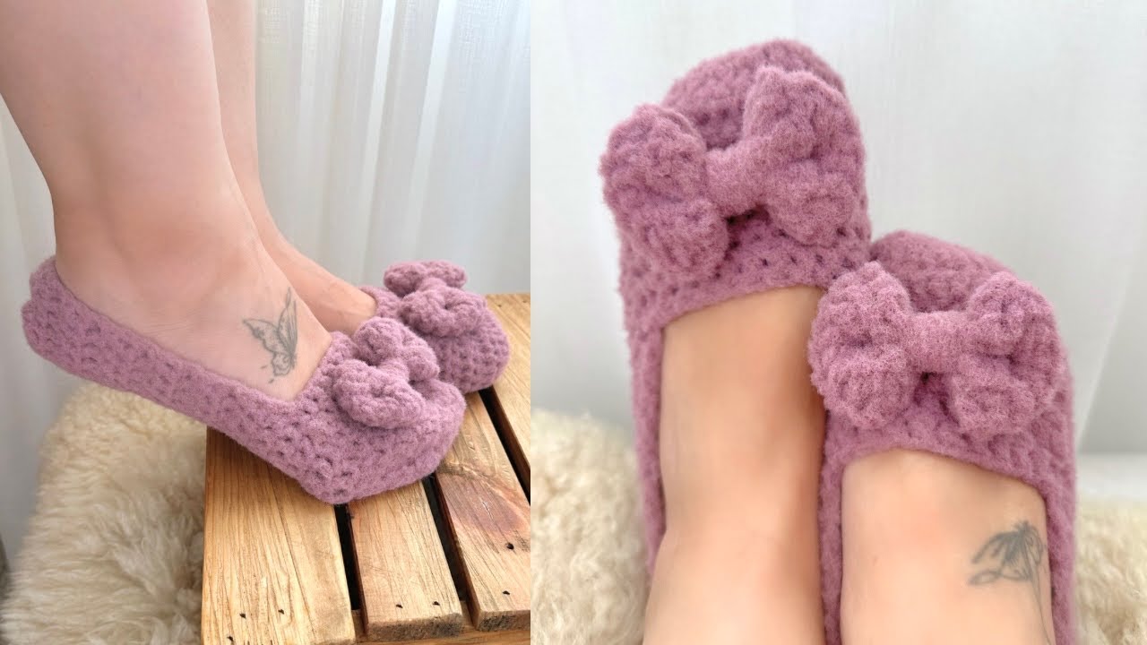 Pantufa de crochê facil, rapida e economica / Sapatinho de crochê com laço/ Crochet Slippers