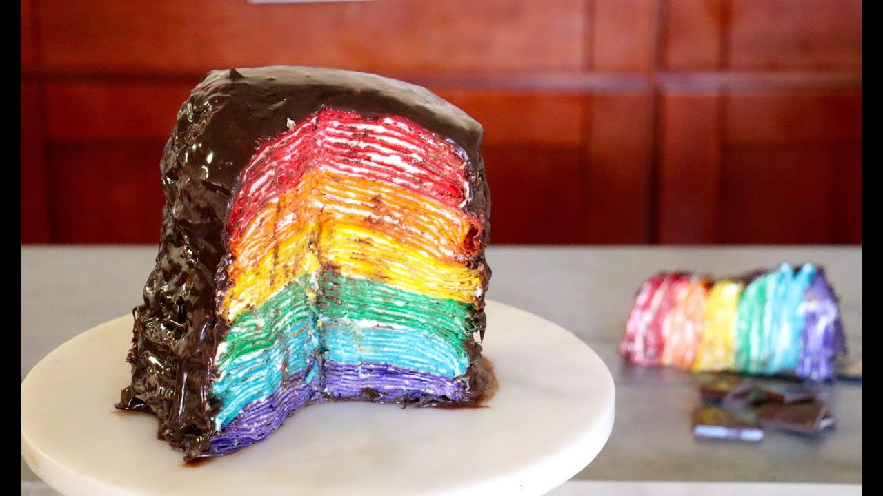 Rainbow Crepe Cake w/ Chocolate Ganache Frosting - Kena Peay