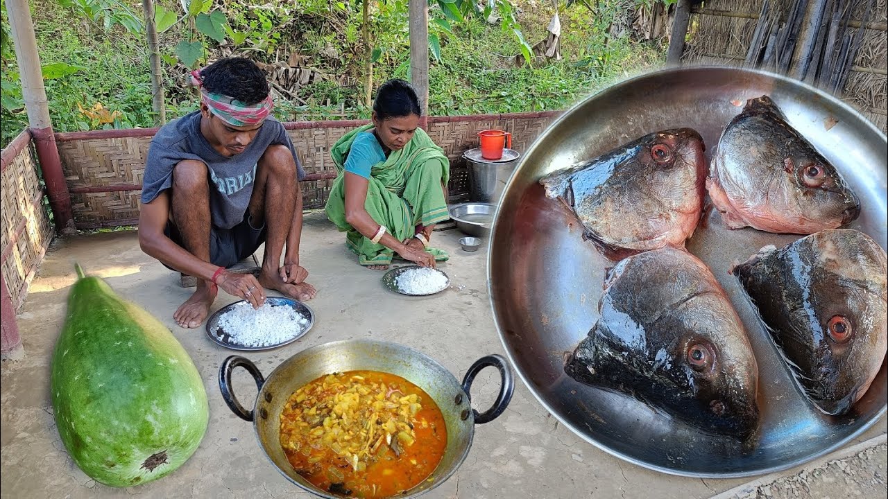 Rural Mother and Son Cook Delicious FISH HEAD Curry with Bottle Gourd ...