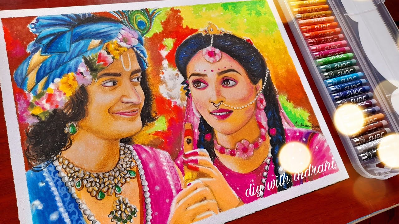 Radhakrishna drawing with oil pastel, Krishna drawing with oil ...