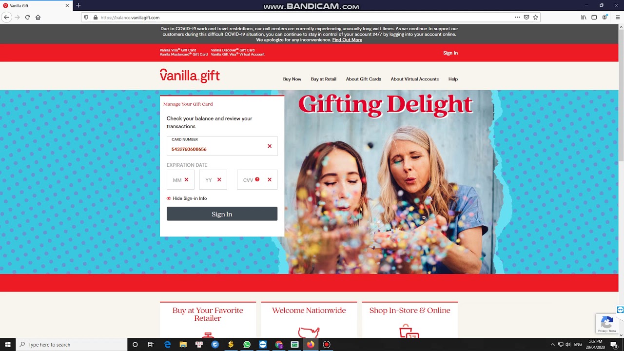 check banlance OneVanilla gift card 500$ 20/04/2020