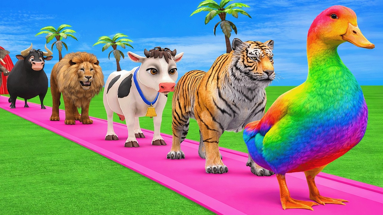 Long Slide Game With Cow Elephant Gorilla Hippopotamus Tiger - 3d Animal Game - Funny 3d Animals