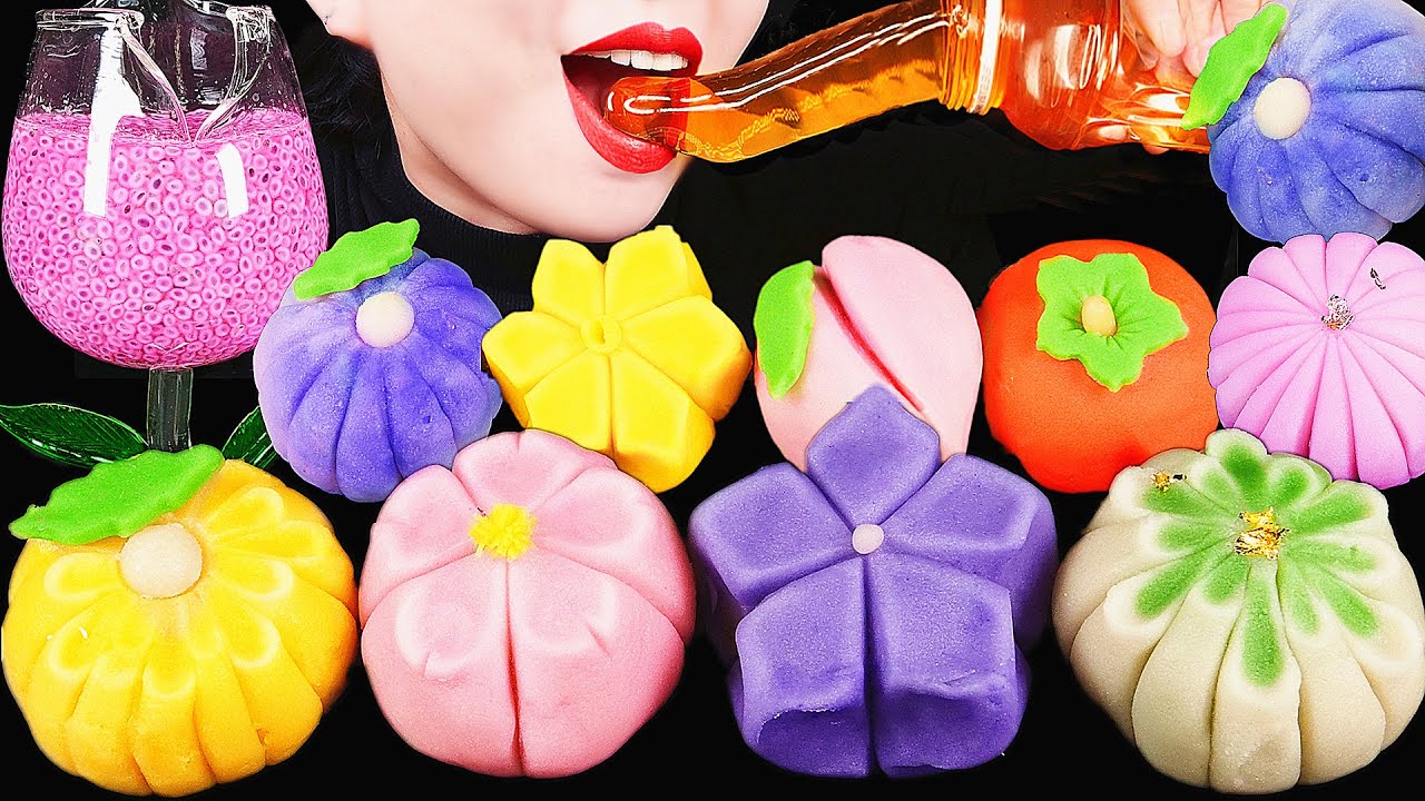 ASMR HONEY JELLY, SWEET BEAN CAKE WAGASHI, EDIBLE FROG EGGS DRINK SOUNDS, EATING SOUNDS 화과자 신기한 물 먹방