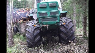 T-150K modified into a swamp forwarder logging in wet forest