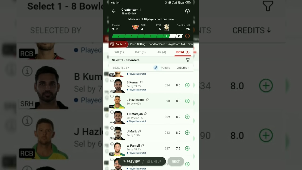 RCB vs SRH Dream11 Team